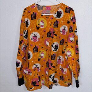 Hello Kitty Halloween Scrub Jacket XL Sanrio 2011 Orange Cats Pumpkins Nurse Top